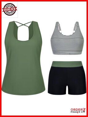 3 Piece Tankini Set Modest Swimwear Plus Size Bathing Suit with Swim Shorts